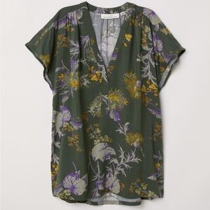 H&M Floral Cap Sleeve Blouse Size‎ 8 NWT Olive Green Boho Chic Earthy Minimalist